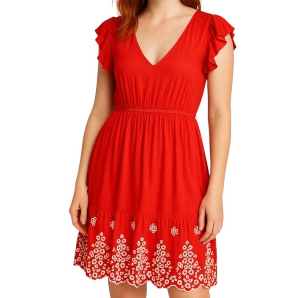 Anthropologie Solitaire Red Ruffle Sleeve Embroidered Hem Dress Size M